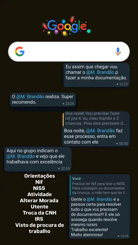 Prints de clientes no Instagram recomendando o Michael Brandão para documentação em Portugal